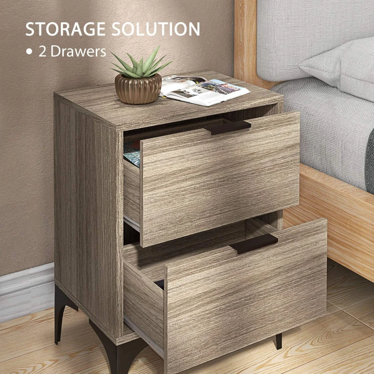 Nielel Set of 2 Grey Wood-Effect Bedside Tables, 2 Drawers – image 6