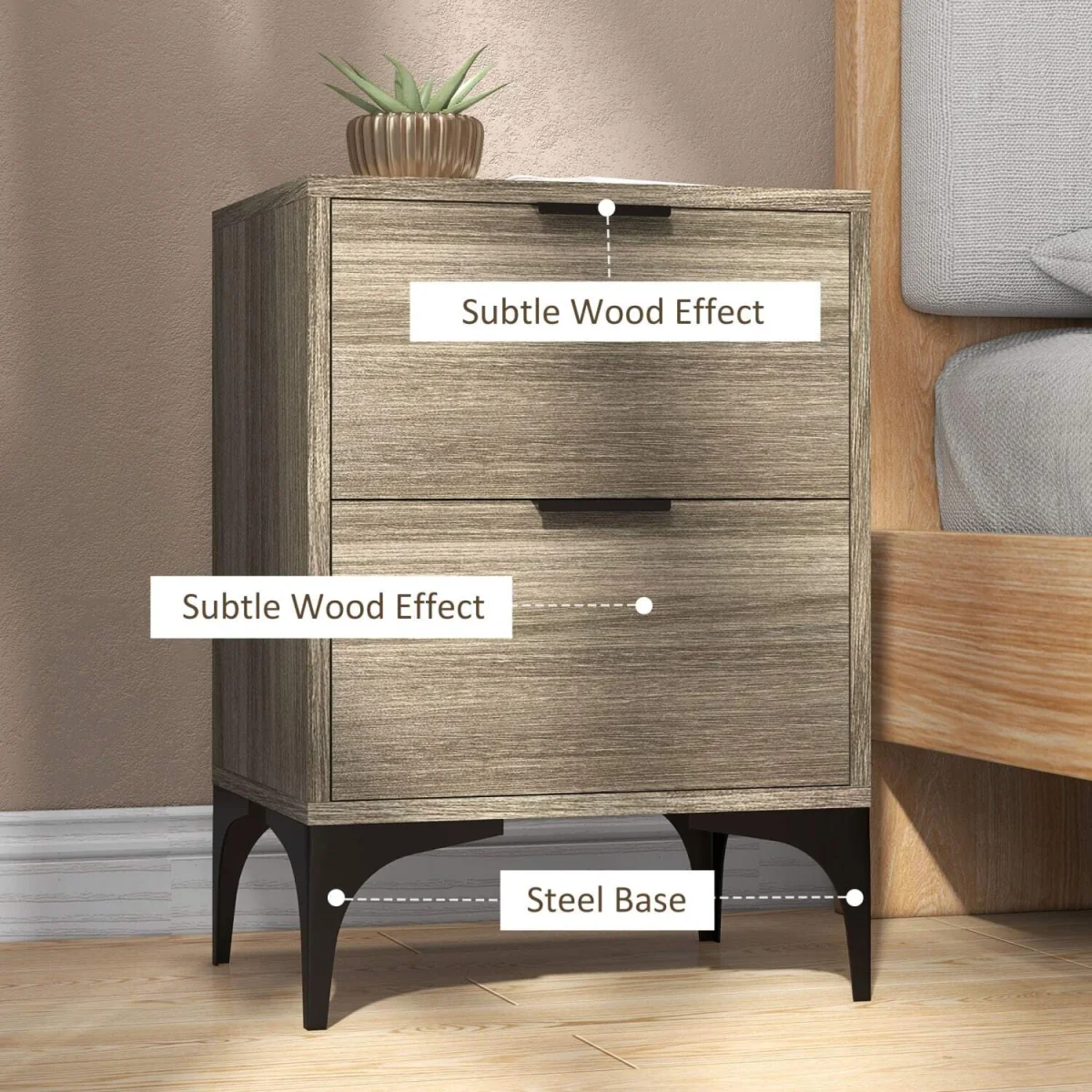 Nielel Set of 2 Grey Wood-Effect Bedside Tables, 2 Drawers – image 7