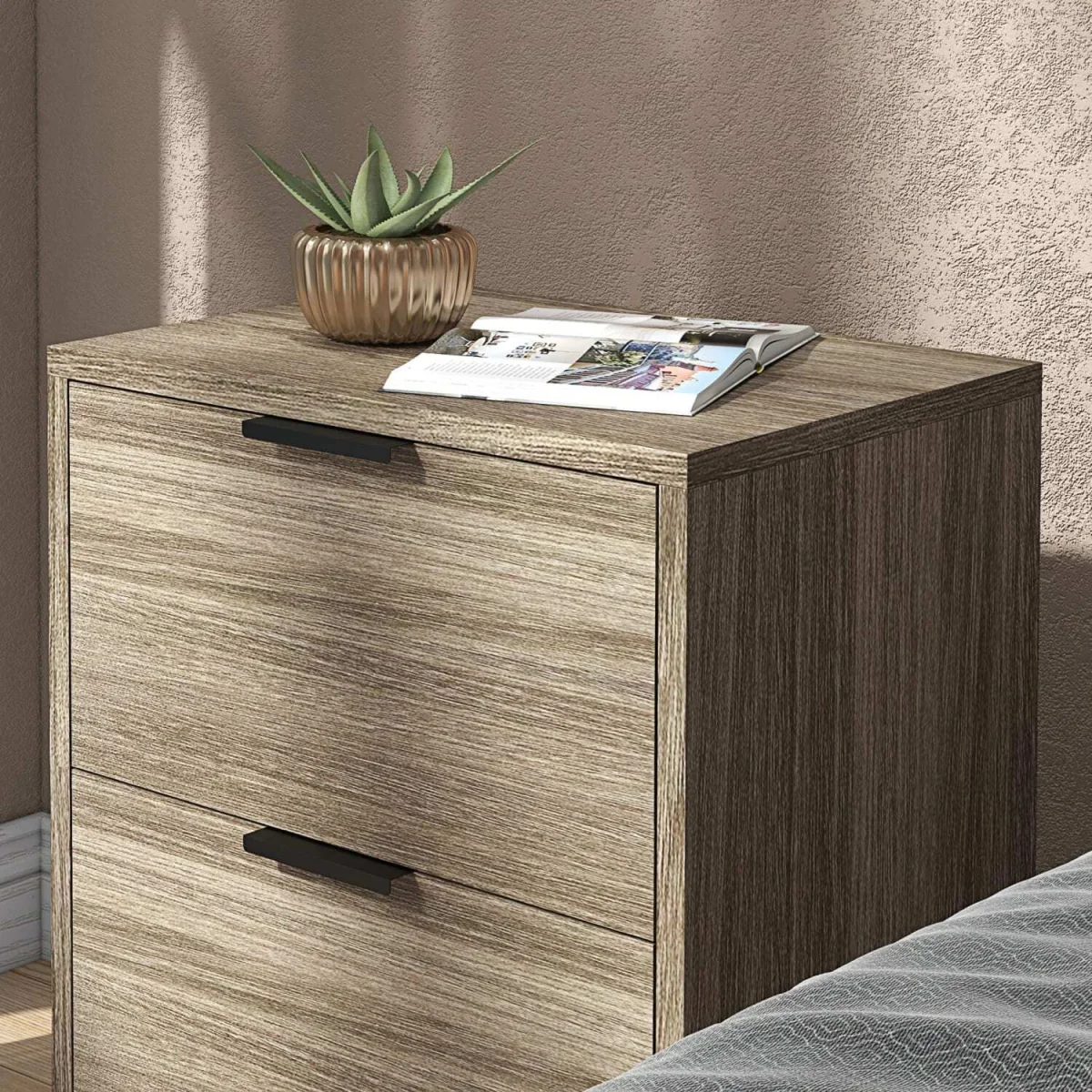 Nielel Set of 2 Grey Wood-Effect Bedside Tables, 2 Drawers – image 8