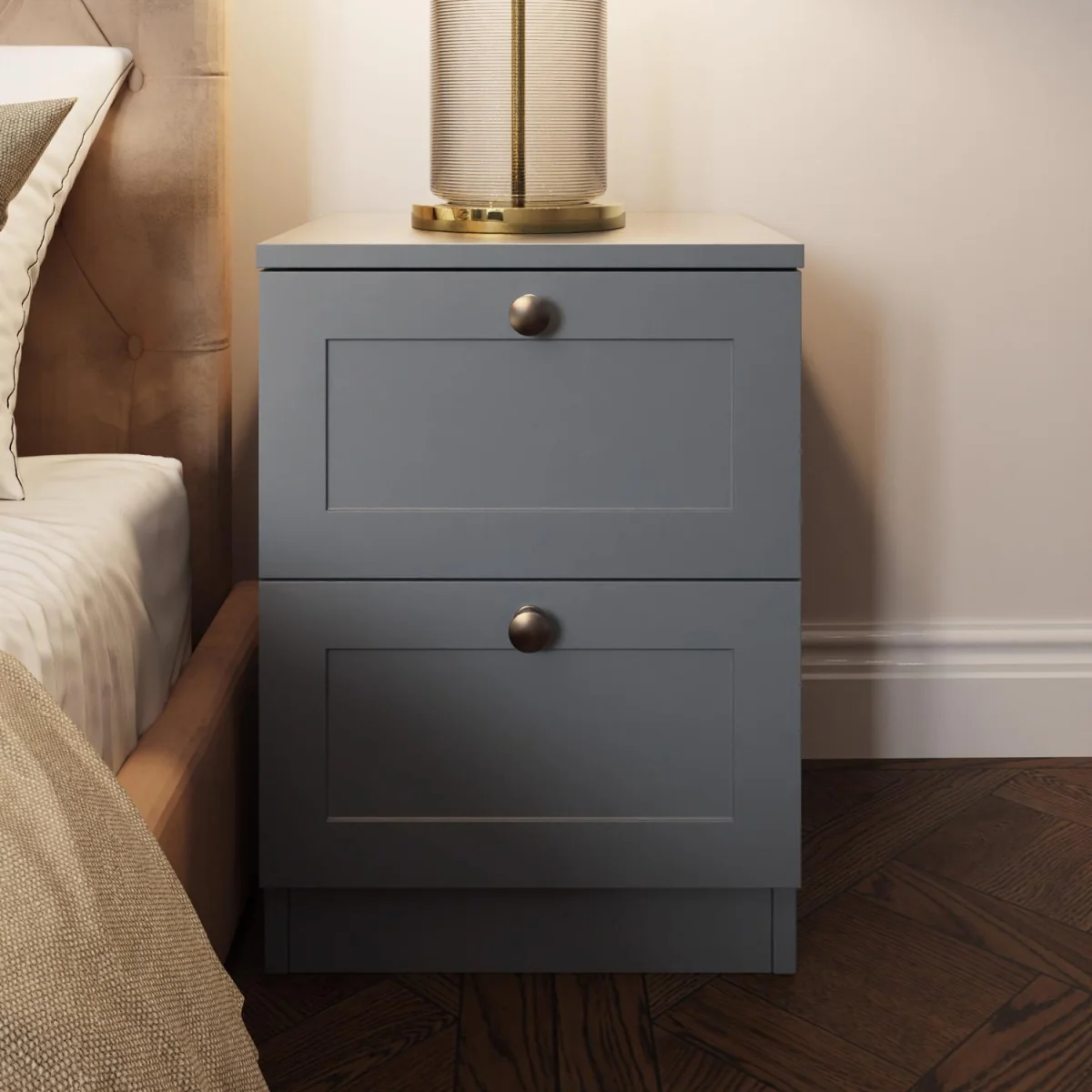 FWStyle Matt Grey 2 Drawer Bedside Shaker Style Polished Handles - Matt Grey – image 2