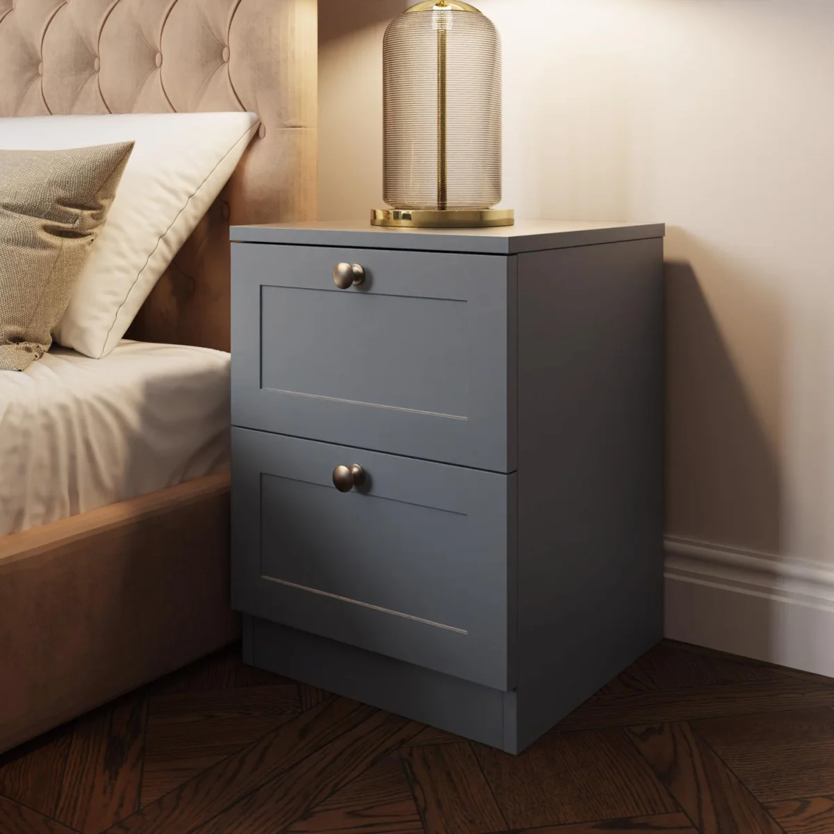 FWStyle Matt Grey 2 Drawer Bedside Shaker Style Polished Handles - Matt Grey – image 1