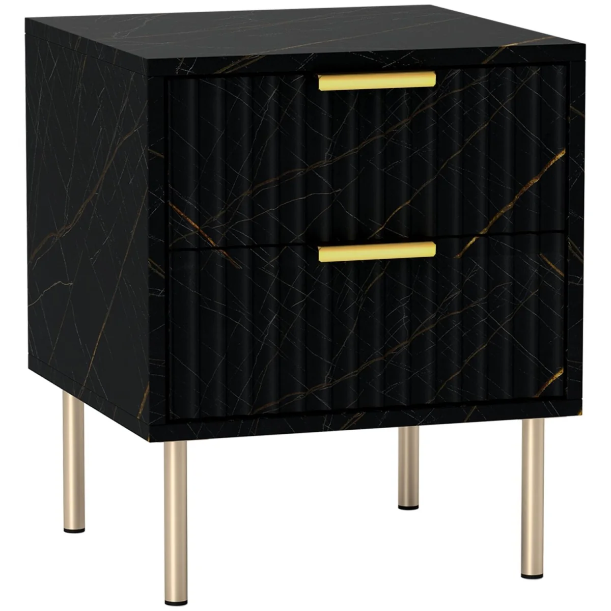 Selu Art Deco 2-Drawer Bedside Table, Black and Gold, Ribbed Design – image 3