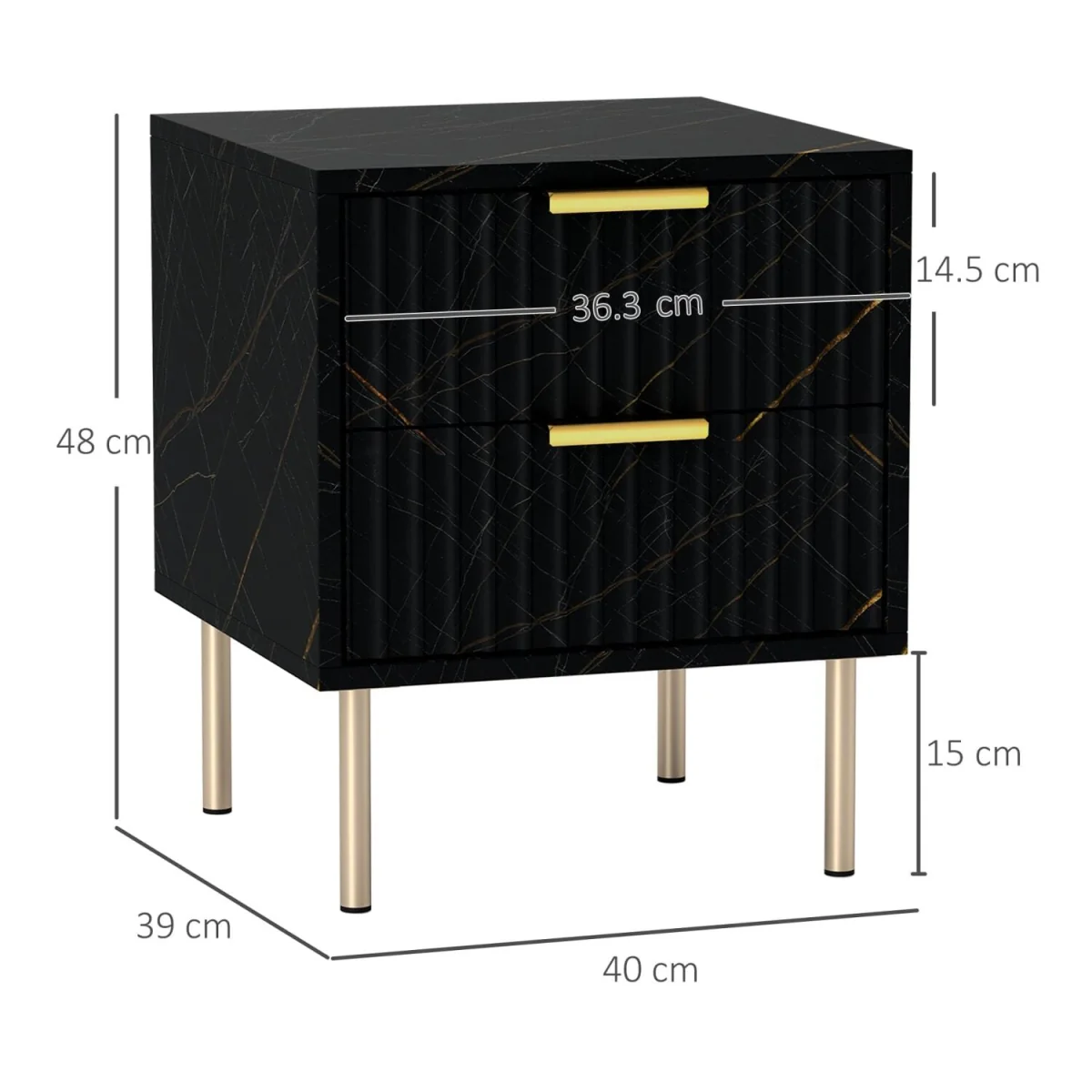 Selu Art Deco 2-Drawer Bedside Table, Black and Gold, Ribbed Design – image 4