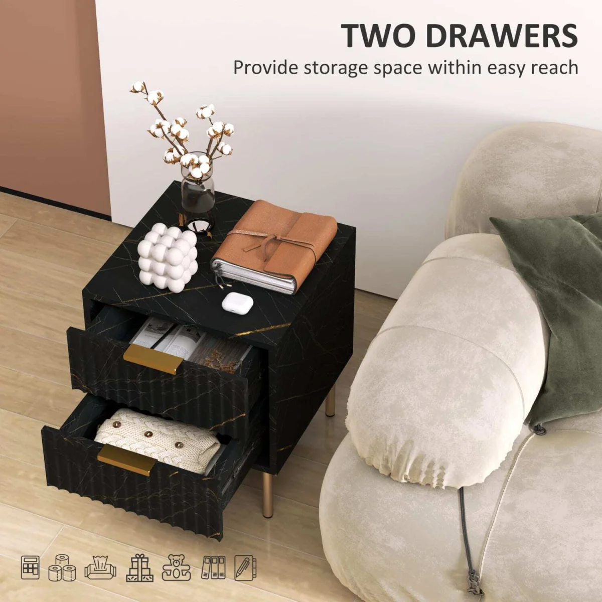 Selu Art Deco 2-Drawer Bedside Table, Black and Gold, Ribbed Design – image 5