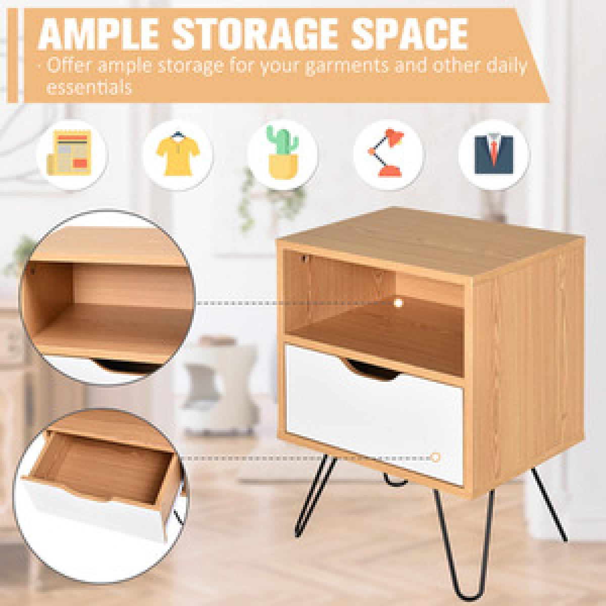 Modern Bedside Table with Compartment Drawer - Brown & White – image 4