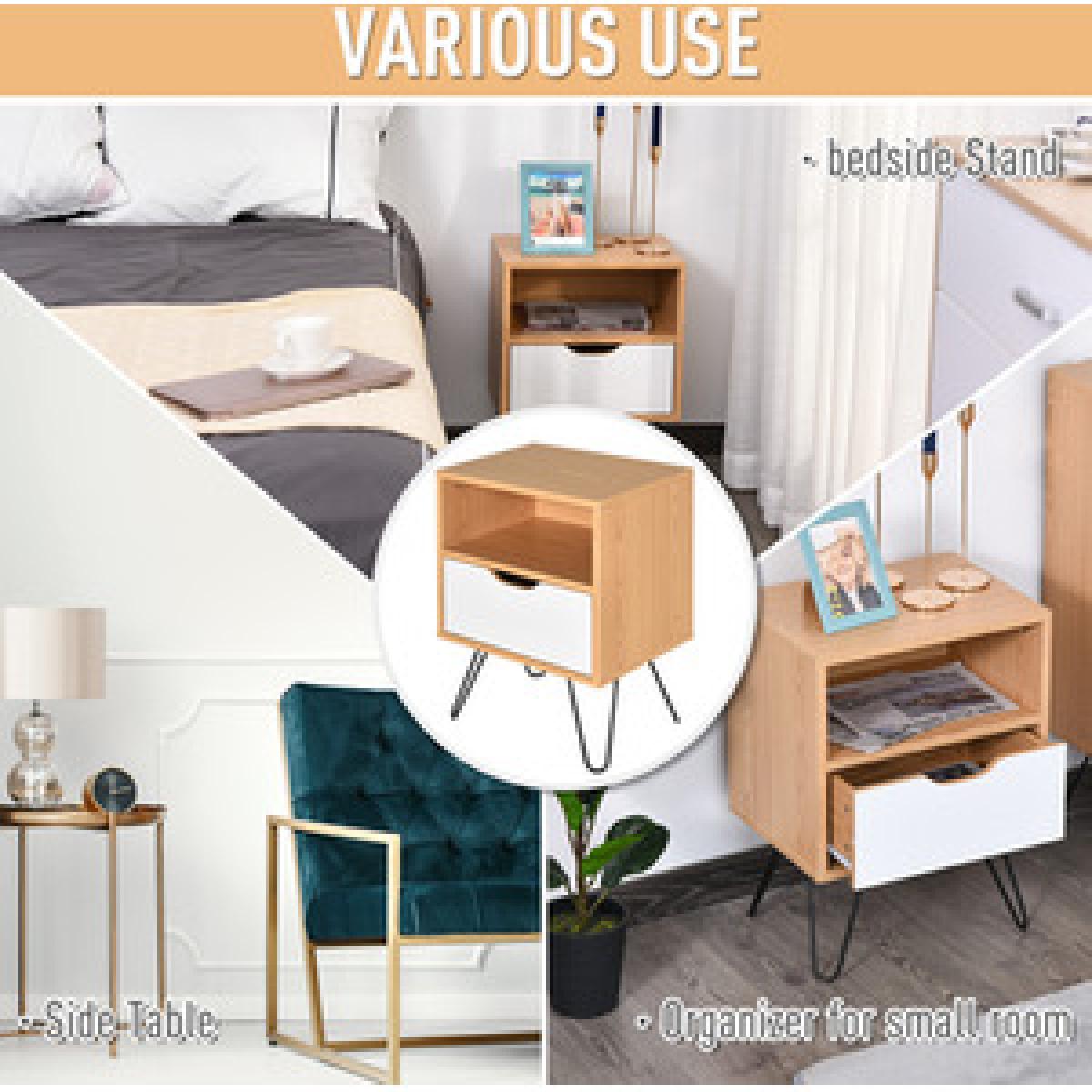 Modern Bedside Table with Compartment Drawer - Brown & White – image 5