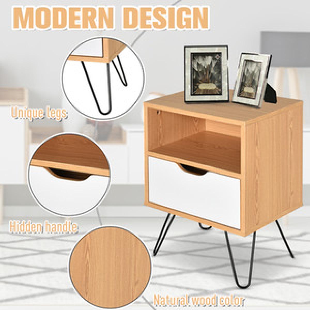 Modern Bedside Table with Compartment Drawer - Brown & White – image 6