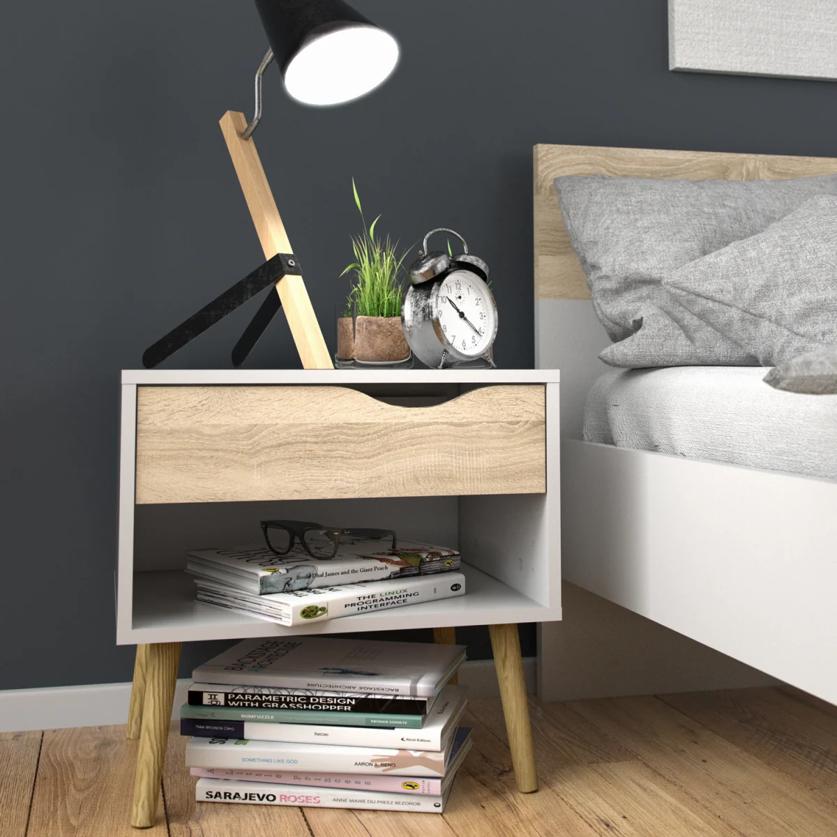 Oslo Bedside 1 Drawer in White and Oak - White & Oak – image 2
