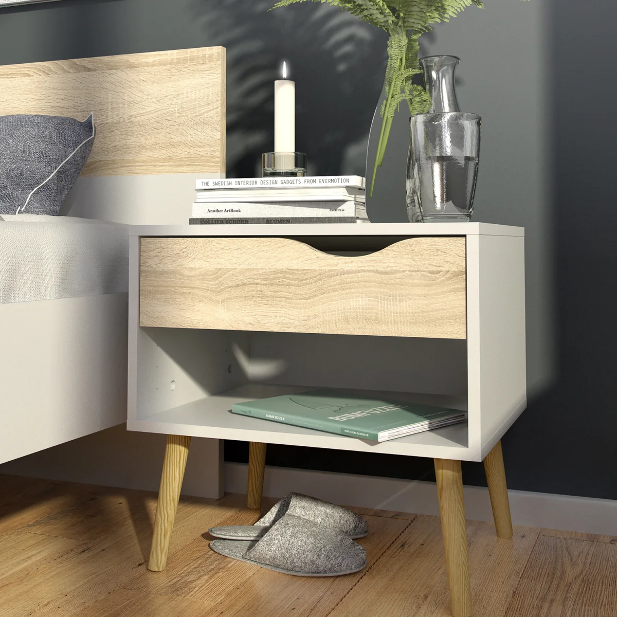 Oslo Bedside 1 Drawer in White and Oak - White & Oak – image 6