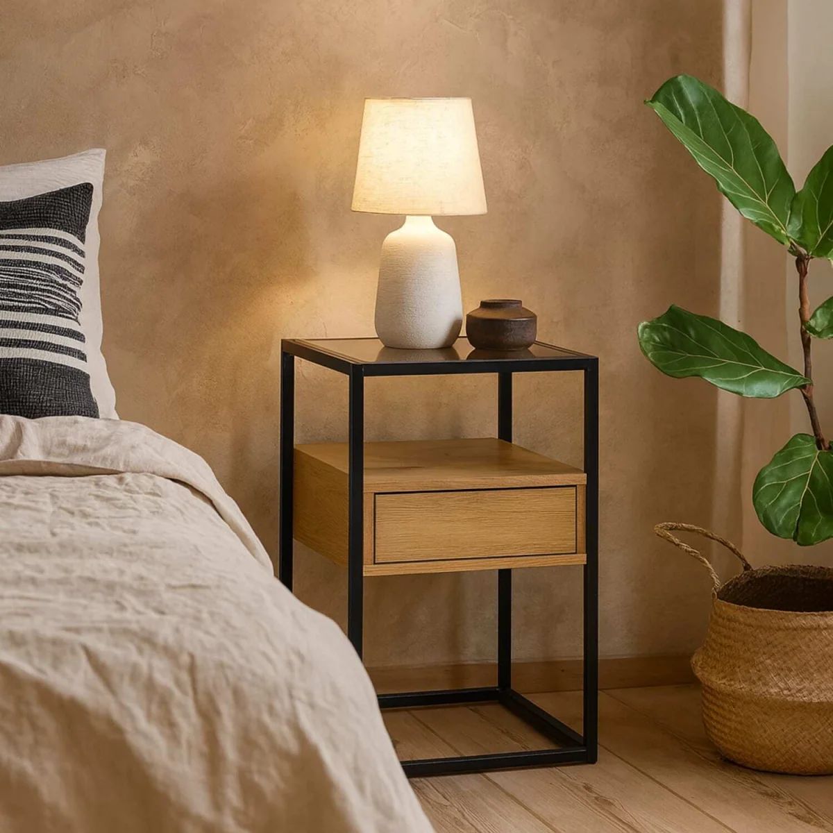 Wrenna Oak-Effect Bedside Table with Tempered Glass Top and Drawer - Neutral – image 2