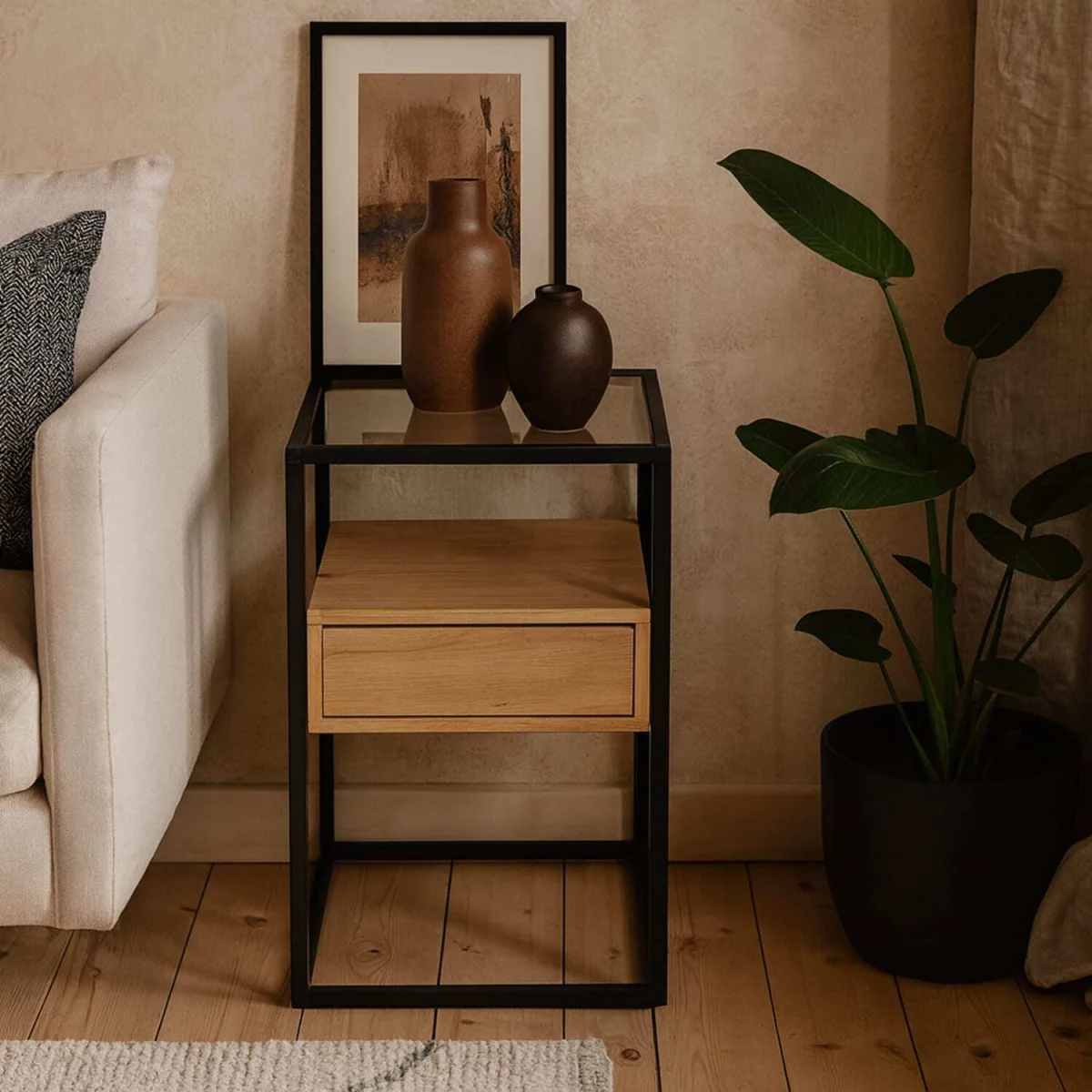 Wrenna Oak-Effect Bedside Table with Tempered Glass Top and Drawer - Neutral – image 1