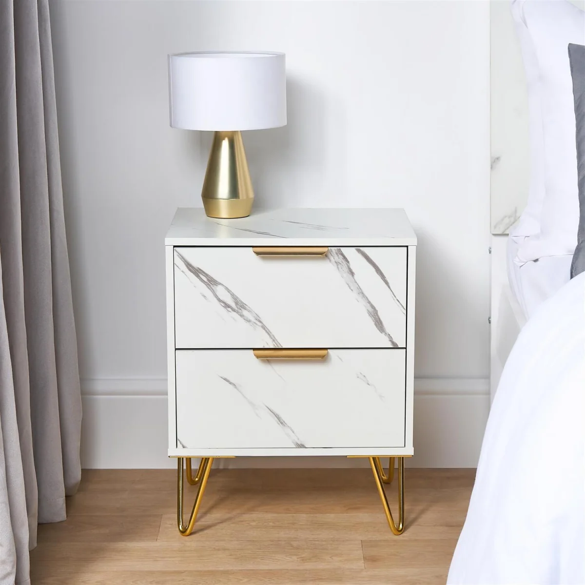 Marble Effect 2 Drawers Bedside Table - White – image 2