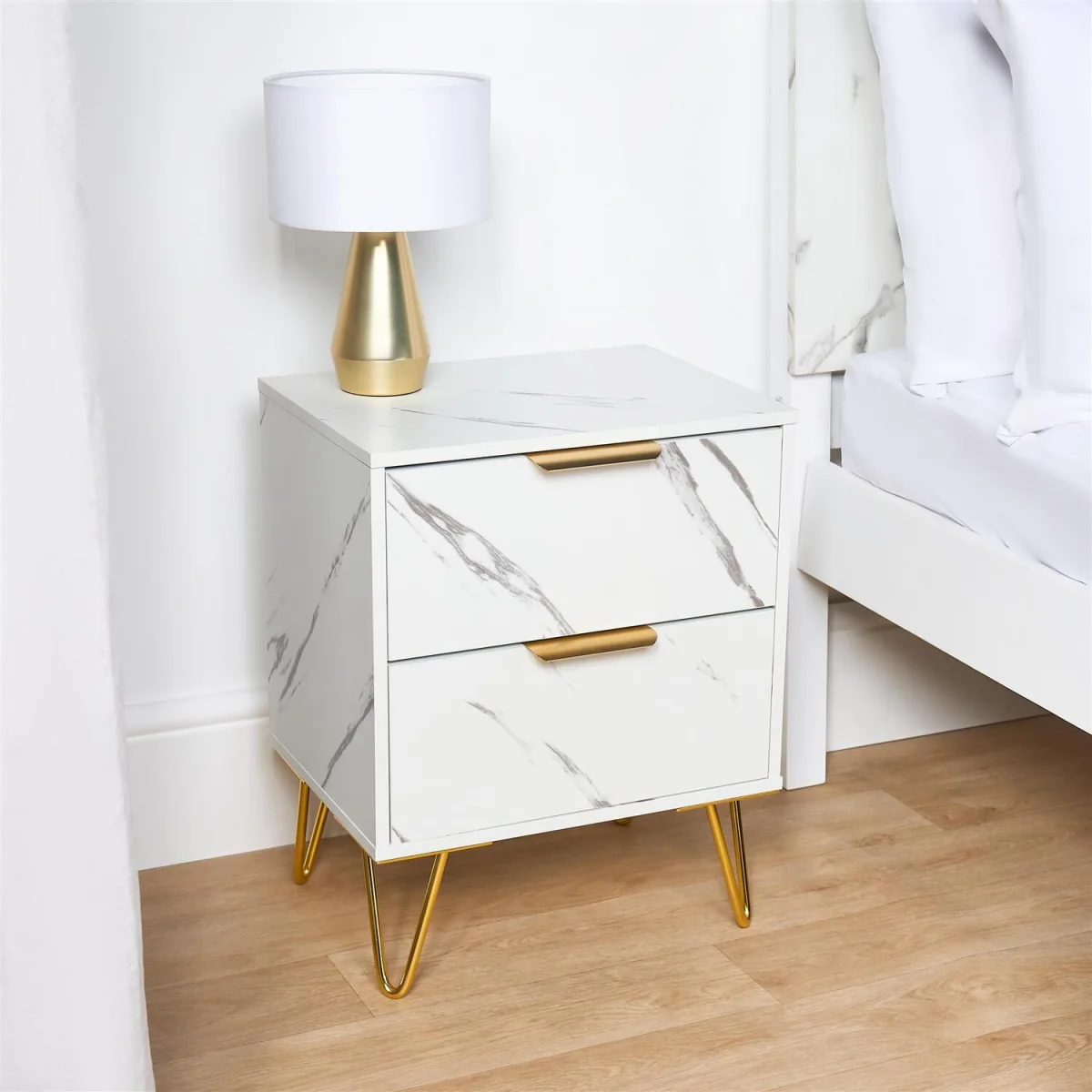 Marble Effect 2 Drawers Bedside Table - White – image 3