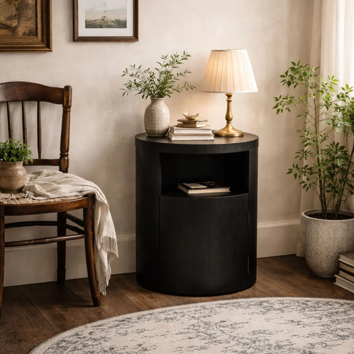 Yori Round Bedside Cabinet Matt 1 Door and Open Shelf - Black – image 1