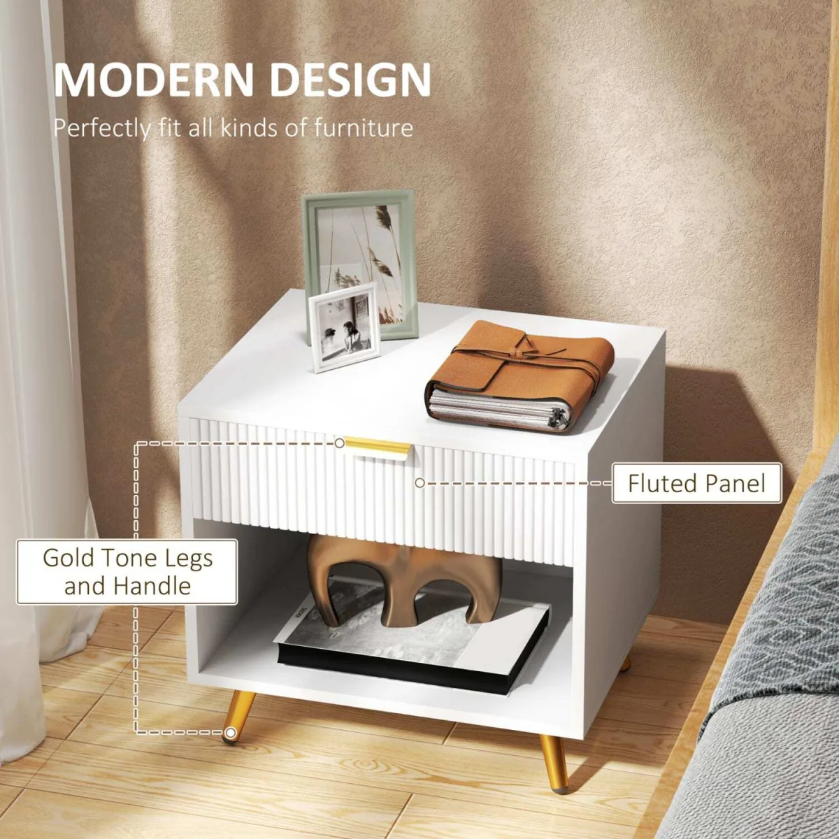 Sedora Vela White and Gold-Tone Bedside Table with Ribbed Drawer – image 5