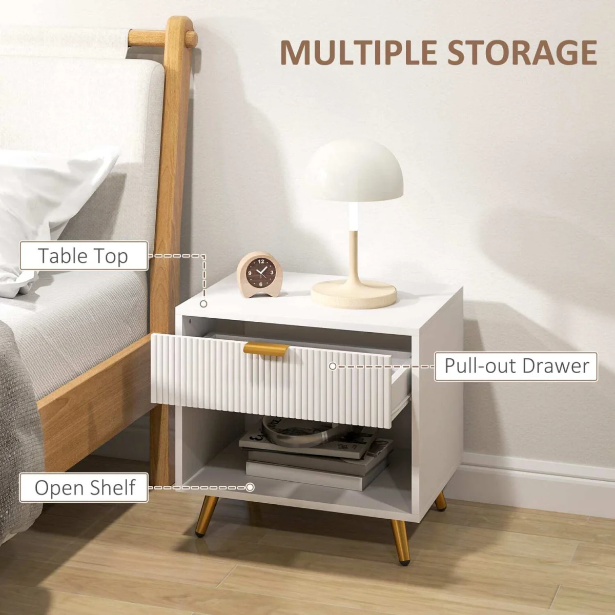 Sedora Vela White and Gold-Tone Bedside Table with Ribbed Drawer – image 6