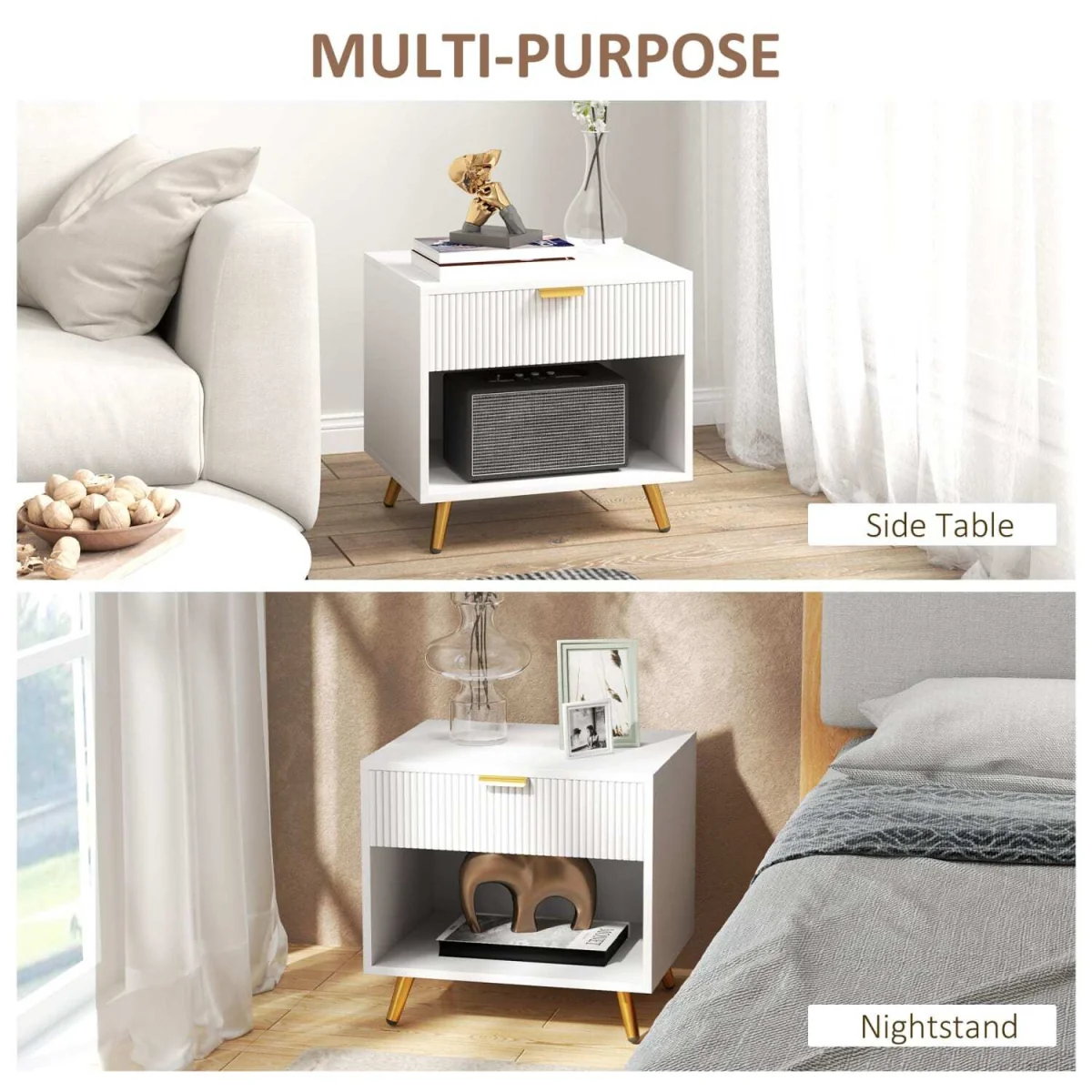 Sedora Vela White and Gold-Tone Bedside Table with Ribbed Drawer – image 7