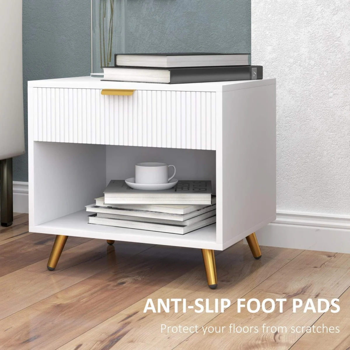 Sedora Vela White and Gold-Tone Bedside Table with Ribbed Drawer – image 8