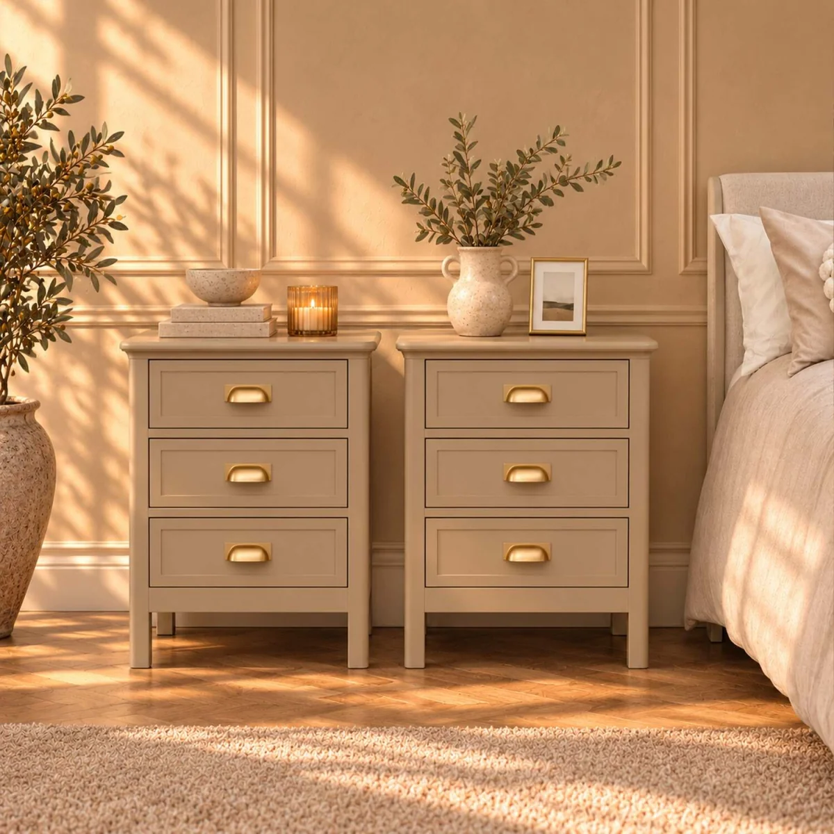 Set of 2 Lawrence 3 Drawer Bedside Tables - Taupe – image 1
