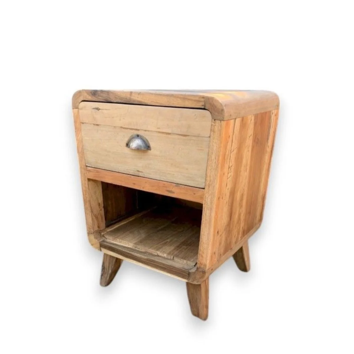 Round Recycled Teak Fishing Boat Bedside Table with Drawer - Brown – image 2