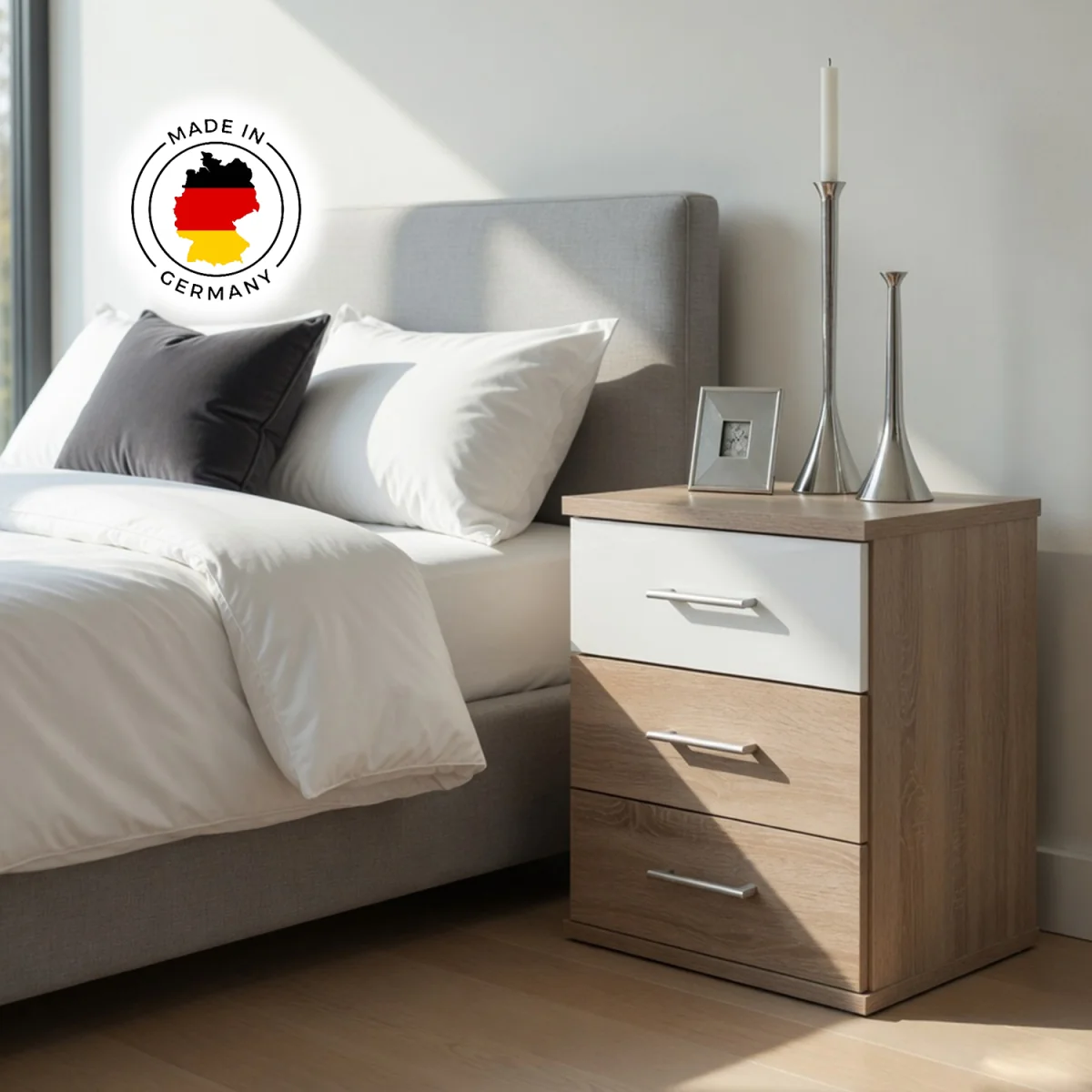 Gamma Oak and White 3 Drawer Bedside Cabinet - Oak – image 3