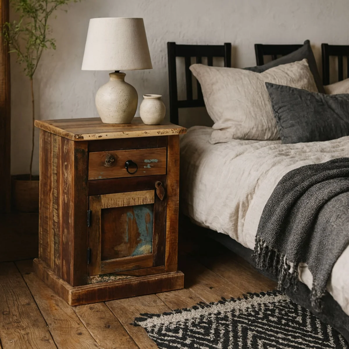 Seattle Reclaimed Wood Bedside Table 1 Drawer 1 Door Rustic Coastal - Brown – image 2