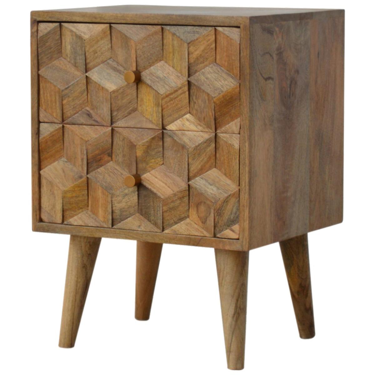 Cube Carved Mango Wood Bedside Table with 2 Drawers - Brown – image 2
