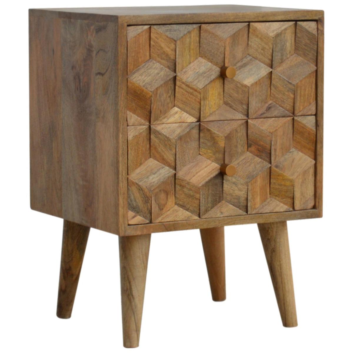 Cube Carved Mango Wood Bedside Table with 2 Drawers - Brown – image 3