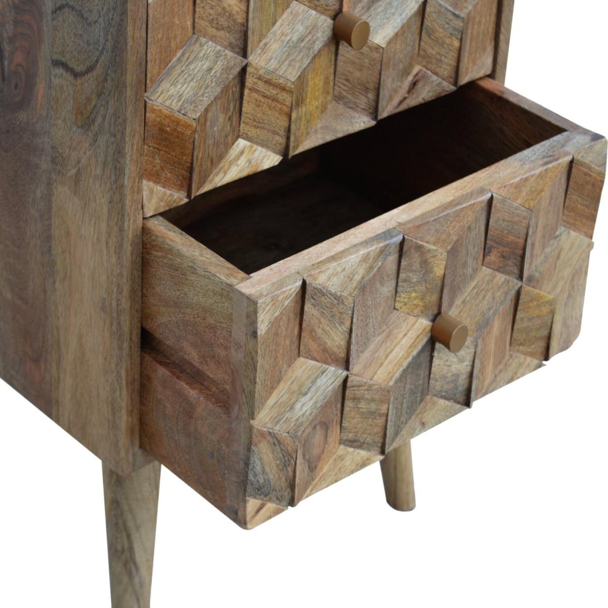 Cube Carved Mango Wood Bedside Table with 2 Drawers - Brown – image 4