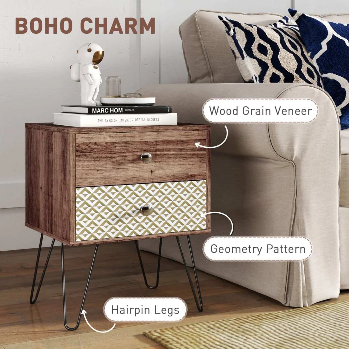 Lofake Scandinavian Brown 2 Drawer Nightstand – image 4