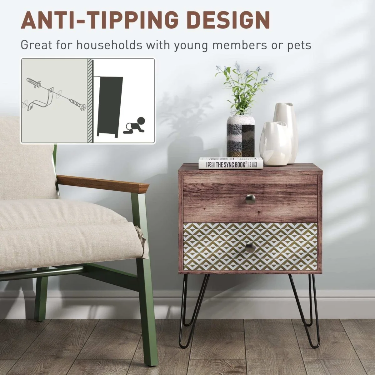 Lofake Scandinavian Brown 2 Drawer Nightstand – image 6