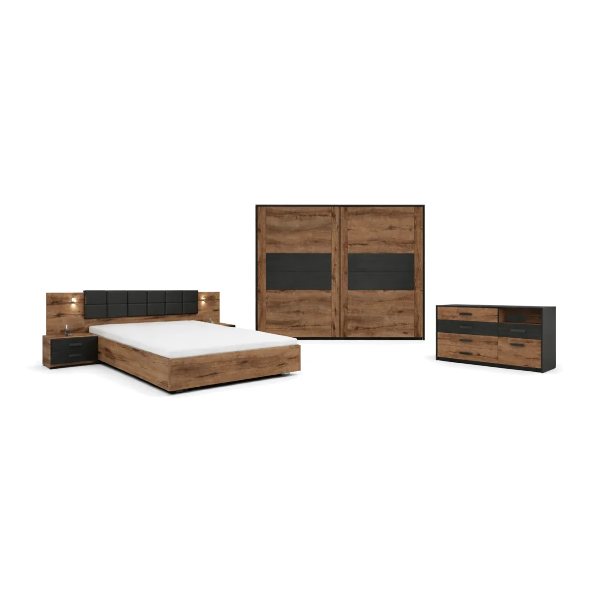 Super King Size Bedroom Furniture Set: Bed Frame Bedside Cabinets Sideboard Sliding Wardrobe Kassel - Oak Finish / Black