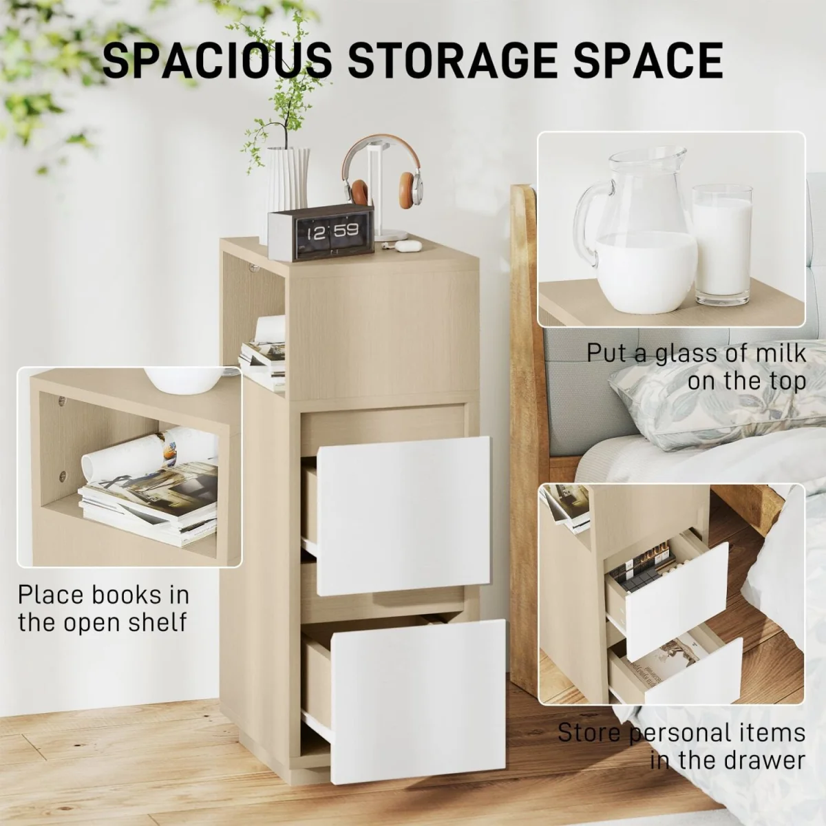 Noyo Natural Wood Finish Slim Bedside Table with 2 Drawers and Open Shelf – image 4