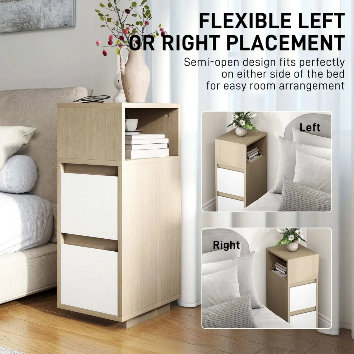 Noyo Natural Wood Finish Slim Bedside Table with 2 Drawers and Open Shelf – image 5