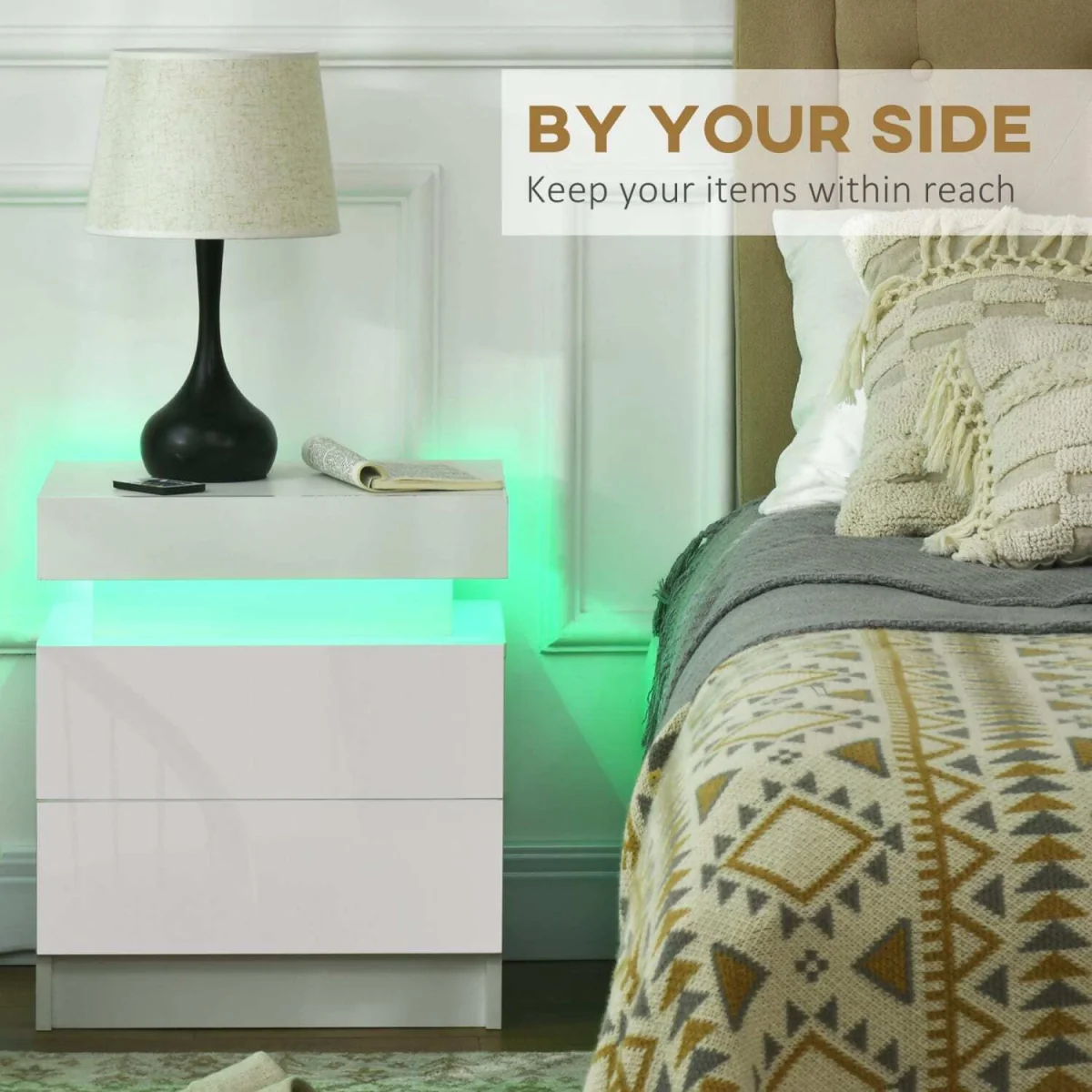 Rema High Gloss White Bedside Table with LED Lighting and 2 Drawers – image 2