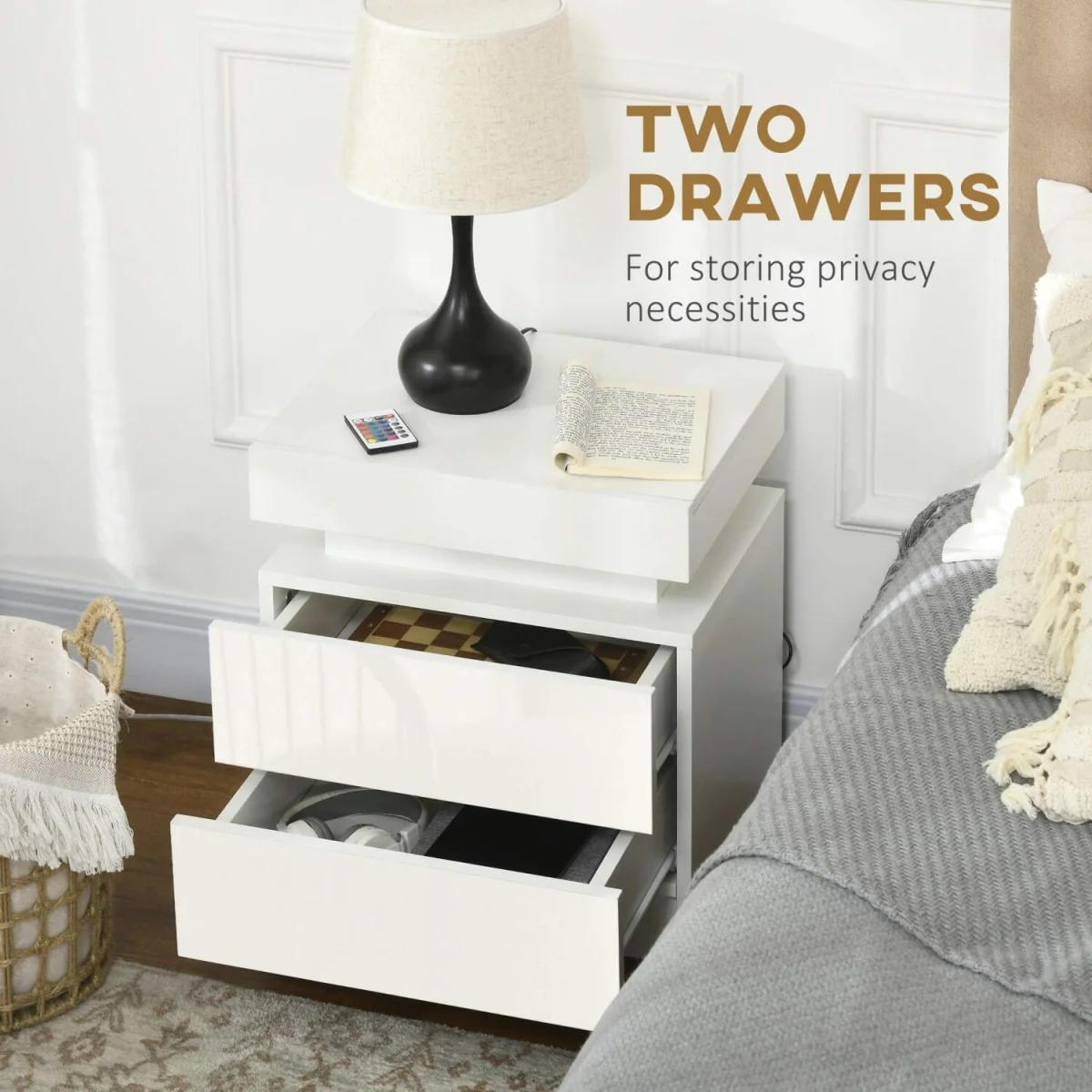 Rema High Gloss White Bedside Table with LED Lighting and 2 Drawers – image 3