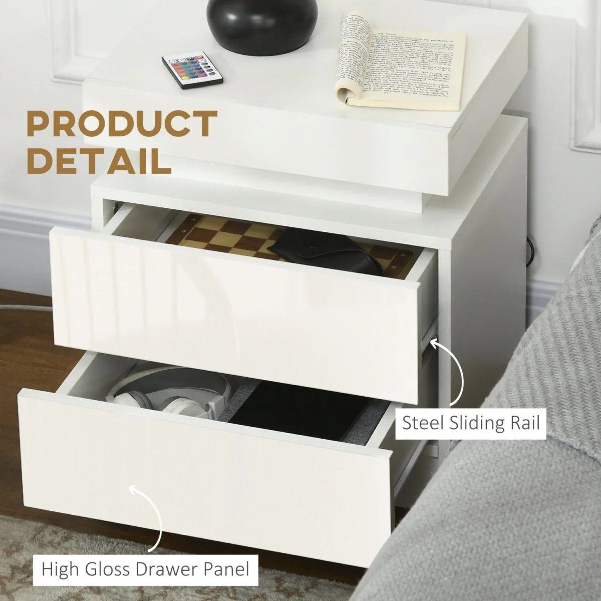 Rema High Gloss White Bedside Table with LED Lighting and 2 Drawers – image 4
