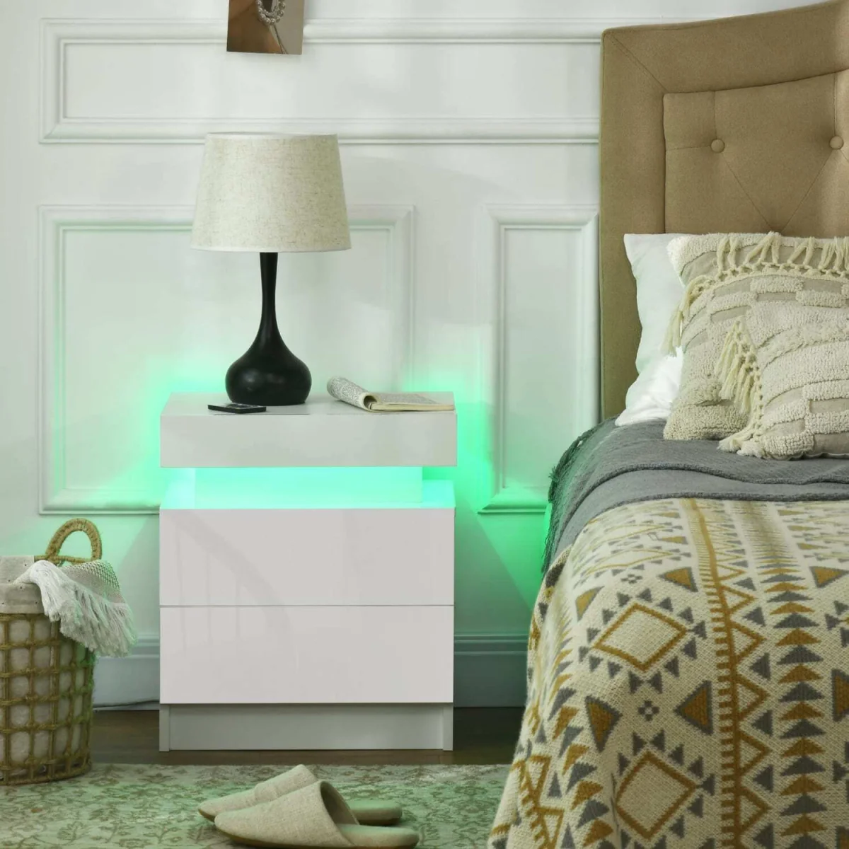 Rema High Gloss White Bedside Table with LED Lighting and 2 Drawers – image 7