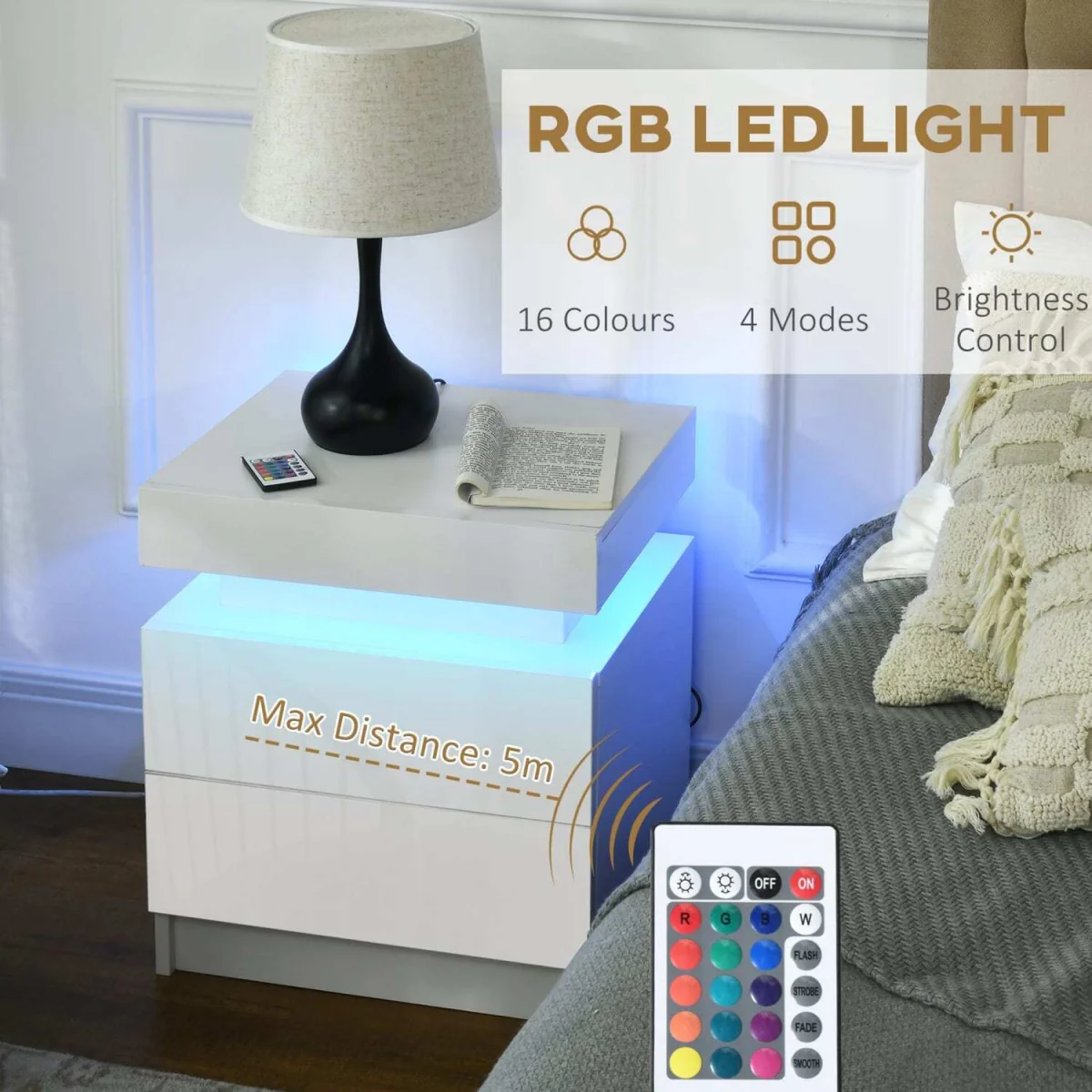 Rema High Gloss White Bedside Table with LED Lighting and 2 Drawers – image 9
