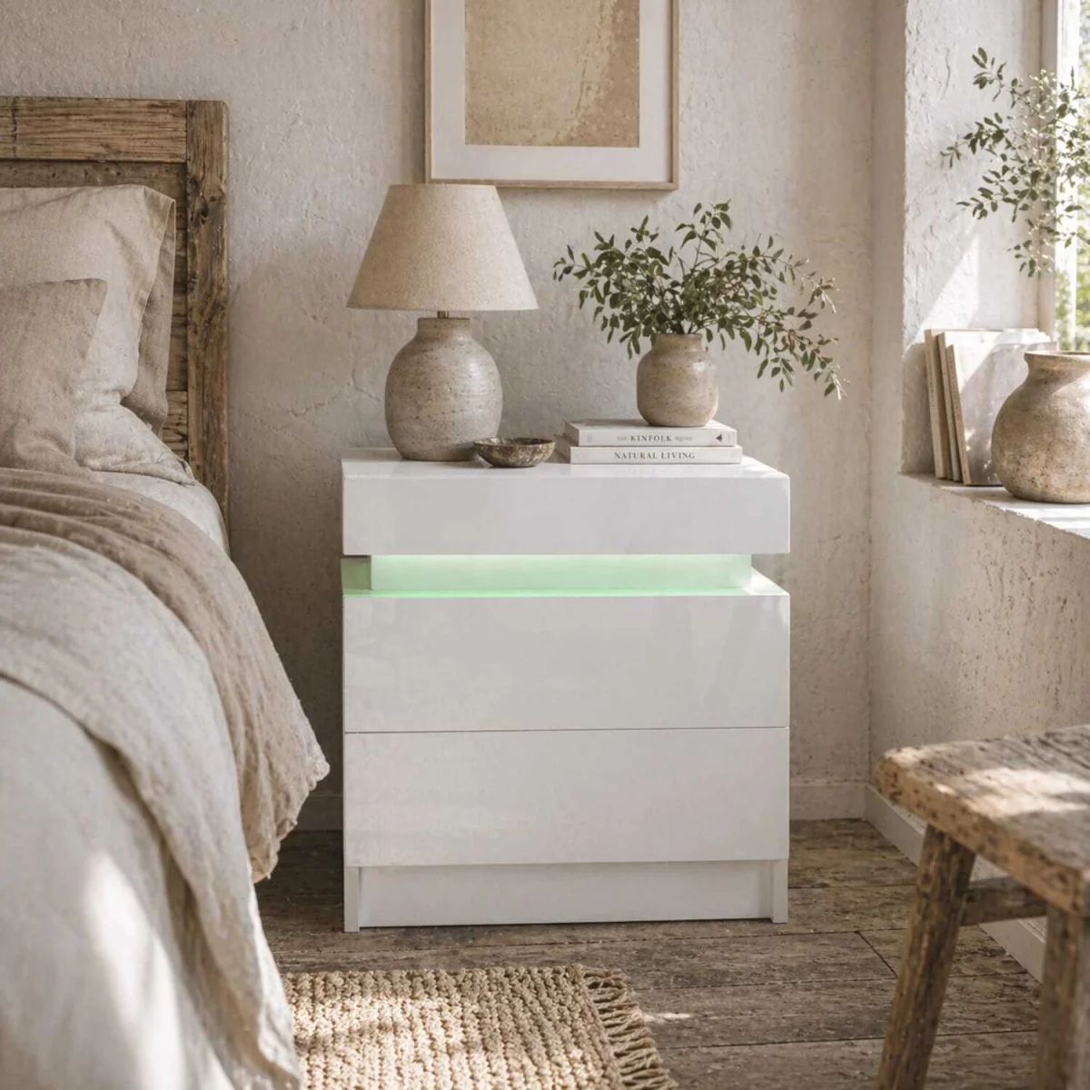 Rema High Gloss White Bedside Table with LED Lighting and 2 Drawers – image 1
