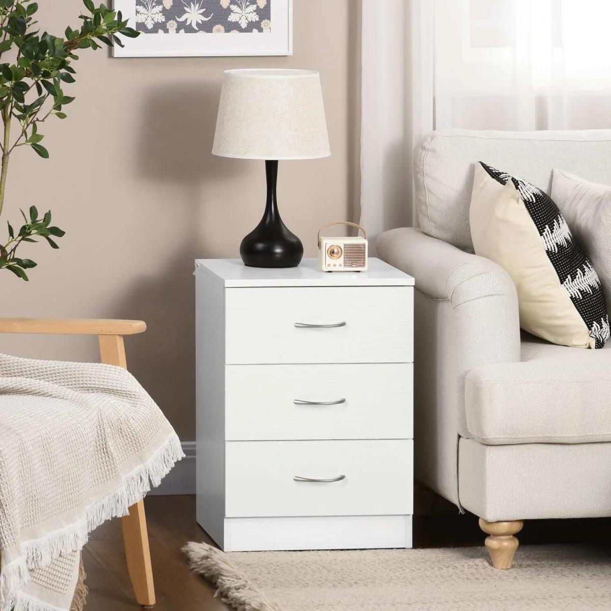 Yotose White Wood 3-Drawer Bedside Table with Silver Metal Handles – image 3