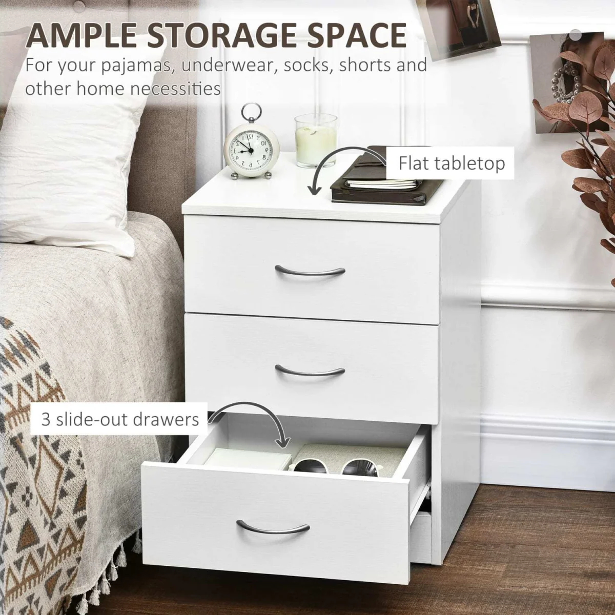 Yotose White Wood 3-Drawer Bedside Table with Silver Metal Handles – image 5