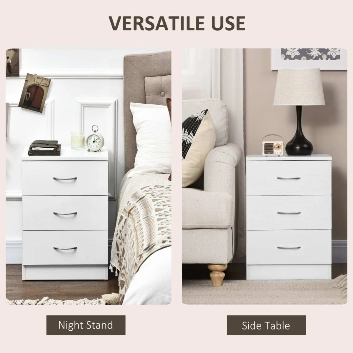 Yotose White Wood 3-Drawer Bedside Table with Silver Metal Handles – image 6