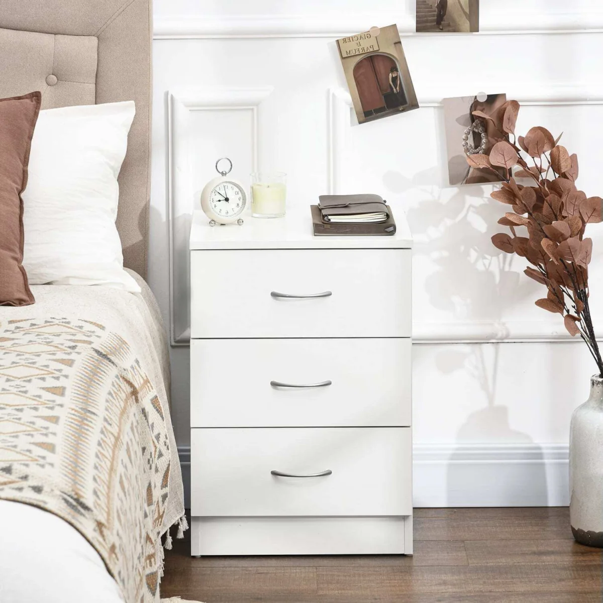 Yotose White Wood 3-Drawer Bedside Table with Silver Metal Handles – image 8