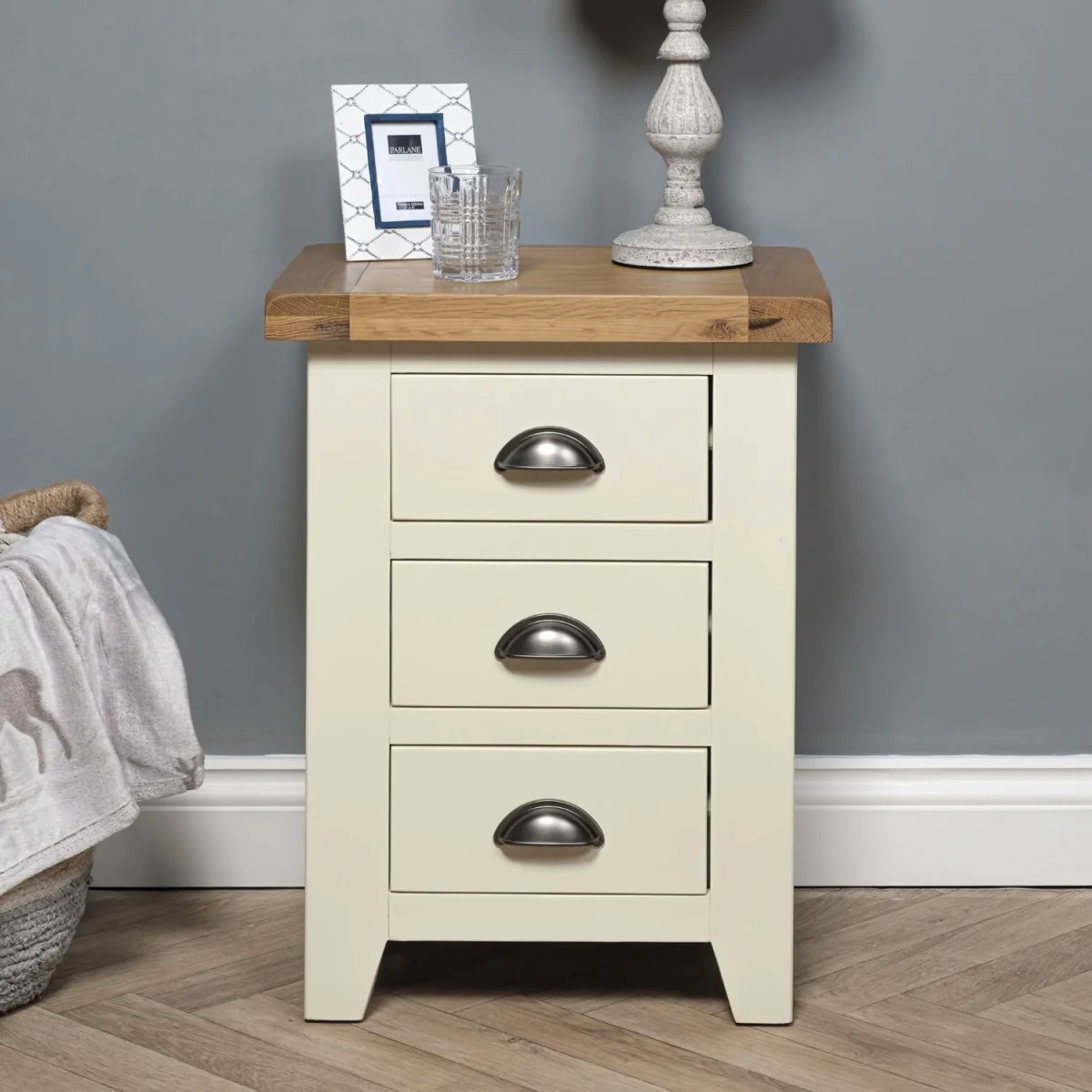 Painted Oak 3 Drawer Bedside Cabinet Night Stand Side Table Fully Assembled H 62 x W 47 x D 37cm - Oak