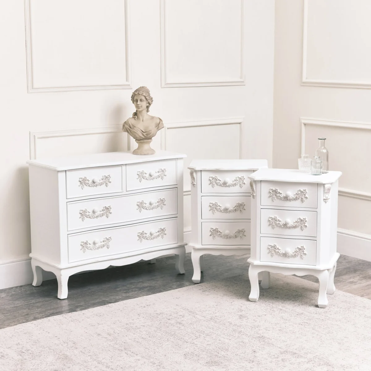 Antique White 4 Drawer Chest Of Drawer & Pair Of 3 Drawer Bedside Tables - Pays Blanc Range – image 1