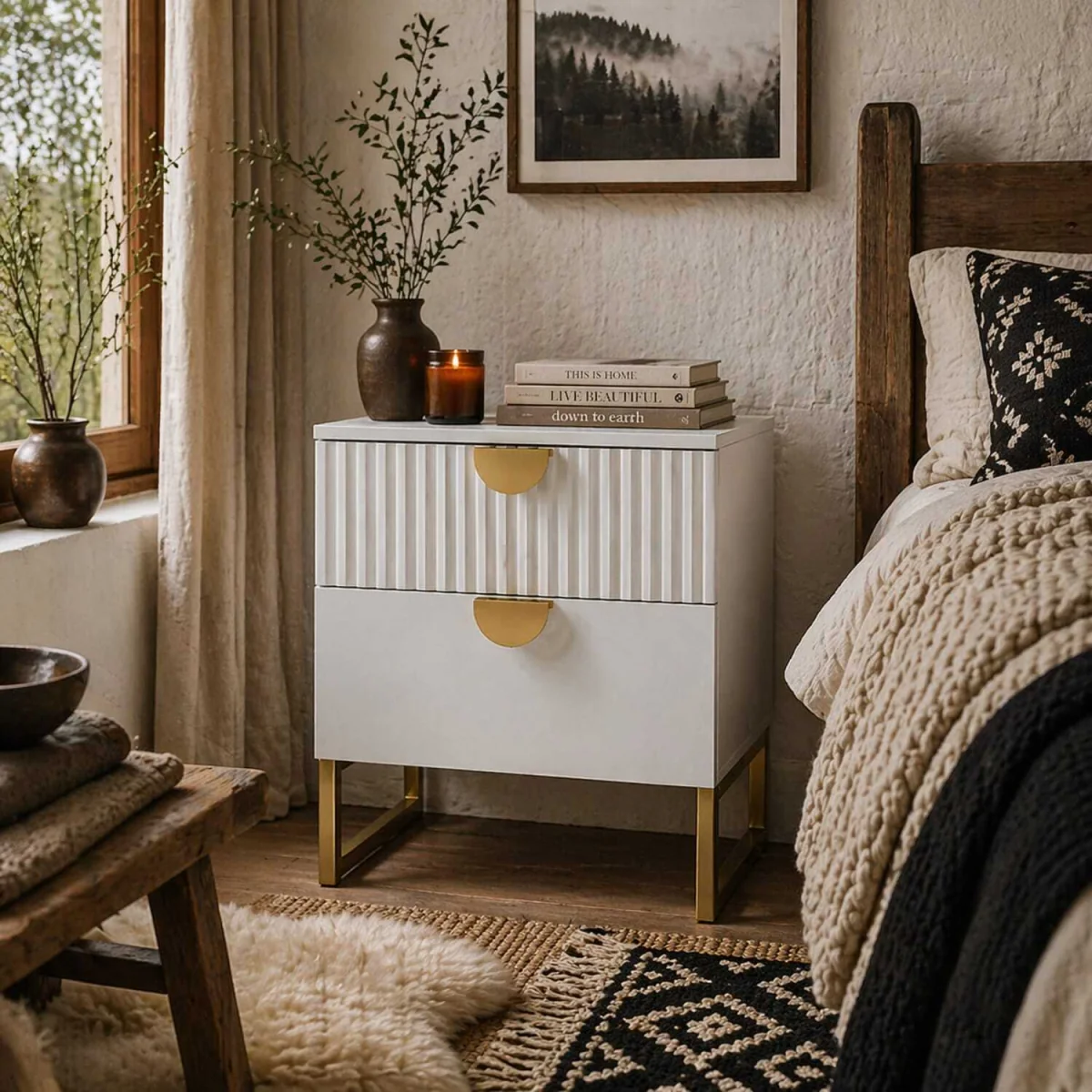 Coelta Loni White and Gold 2-Drawer Bedside Table Ribbed Front – image 2