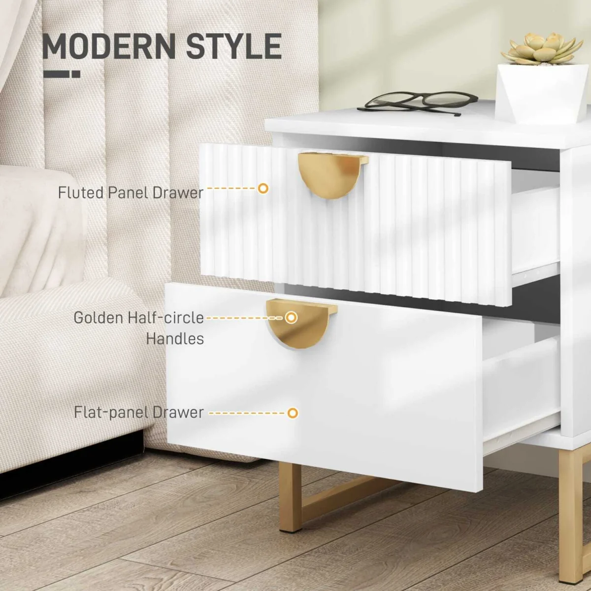Coelta Loni White and Gold 2-Drawer Bedside Table Ribbed Front – image 3