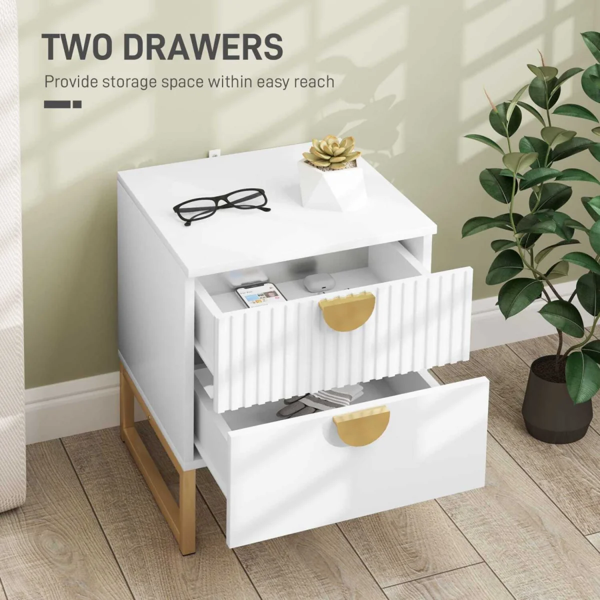 Coelta Loni White and Gold 2-Drawer Bedside Table Ribbed Front – image 5