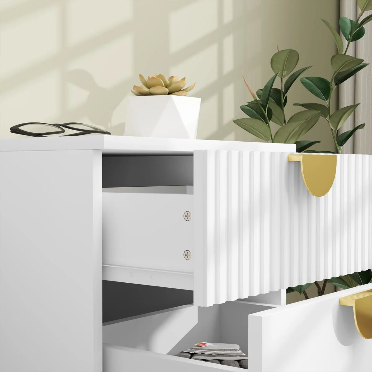 Coelta Loni White and Gold 2-Drawer Bedside Table Ribbed Front – image 8
